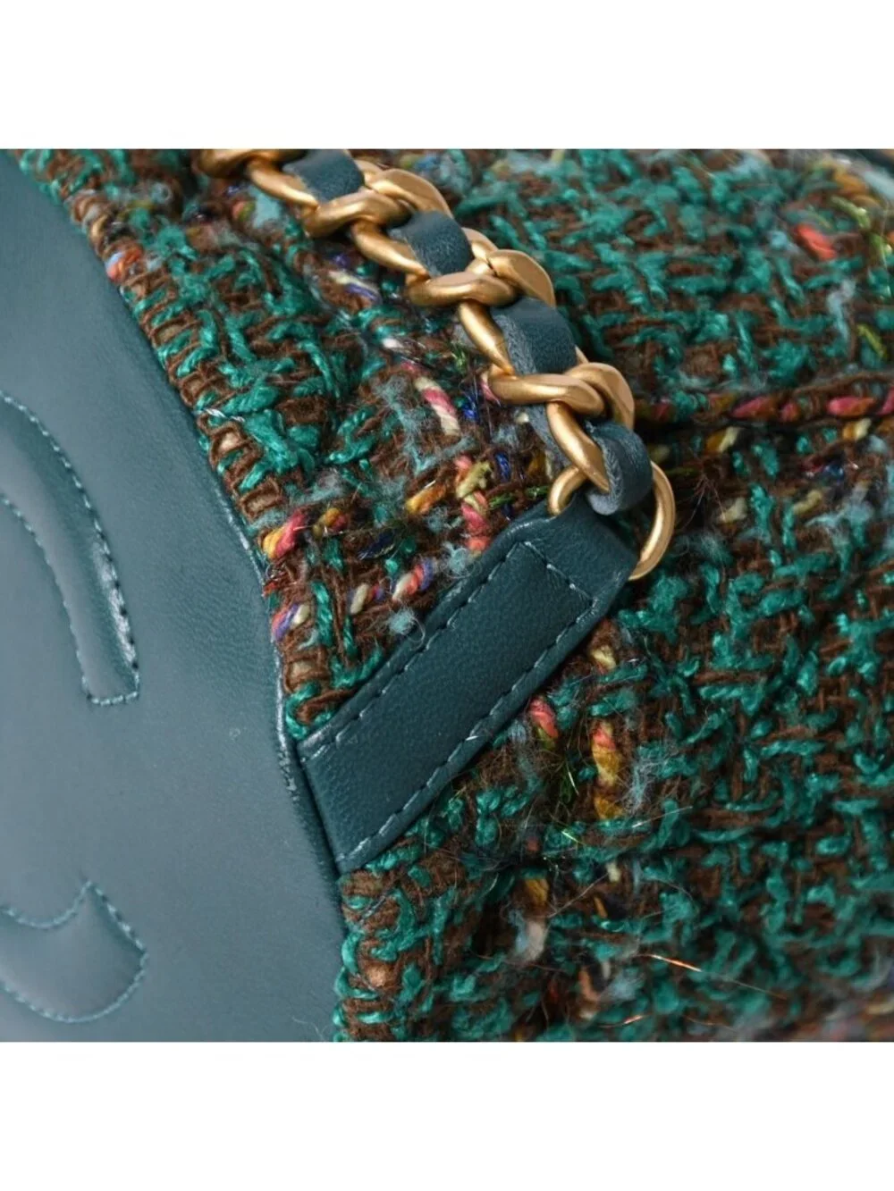 Chanel Small Backpack Base CC Logo Tweed Lambskin Green Gold